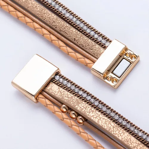 Miniatura 6 de FANCY SHINY Pulseras bohemias de cuero con cuentas doradas para mujer, apilables con cierre magnético