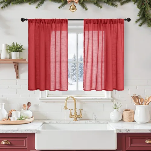 Miniatura 136 de BGment Cortinas de lino café de 30 pulgadas de largo para ventana pequeña, cortinas de media ventana beige semitransparentes ligeras con bolsillo