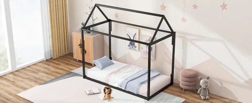 Miniatura 9 de Base de cama de metal de tamaño individual con plataforma en forma de casa de techo, para niños y niñas, soporte de metal resistente, perfecto