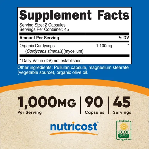 Miniatura 2 de Nutricost Cordyceps - Cápsulas de hongos de 1100 mg, 45 porciones – Certificado CCOF fabricado con orgánico, vegetariano, sin gluten, 550 mg por