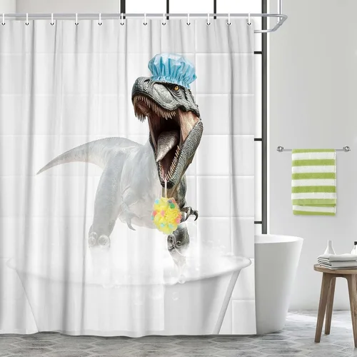 Miniatura 4 de Divertidas cortinas de ducha de tela de dinosaurio, cortina de ducha con diseño de animales Raptor, tiranosaurio Rex, cortina de ducha blanca