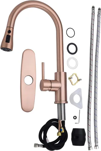 Miniatura 7 de Delle Rosa Grifo de cocina de cobre y oro rosa, montaje en cubierta, acero inoxidable 304, manija única, configuración de rociado de 3 vías, fácil