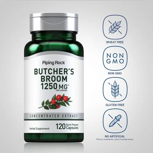 Miniatura 3 de Piping Rock Suplemento de escoba de carnicero 1250 mg 120 cápsulas raíz de hierbas tradicionales Extracto concentrado Sin OMG, sin gluten