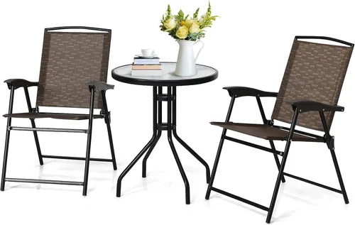 Tangkula Juego de 3 piezas de bistró para patio, sillas plegables para exteriores y mesa con mesa de vidrio templado, mesa redonda y 2 sillas