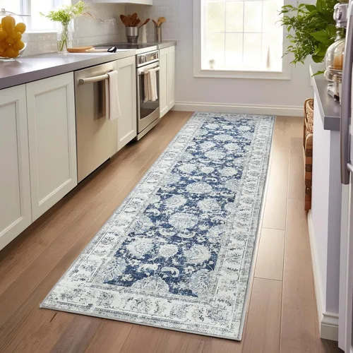 Miniatura 24 de Jinchan Fiora - Alfombra redonda de 8 pies, alfombras vintage con diseño floral envejecido, lavable a máquina, antideslizante, de pelo bajo, Azul