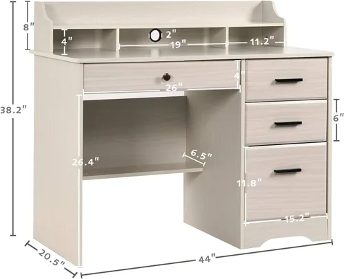 Miniatura 3 de Escritorio blanco para oficina en casa con 4 cajones y gabinete, mesa de computadora para dormitorio, blanco roto