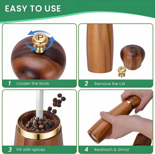 Miniatura 8 de Juego de molinillo de sal y pimienta de madera de acacia con base, molinillo de pimienta manual de 8 pulgadas con grosor ajustable, juego de 2