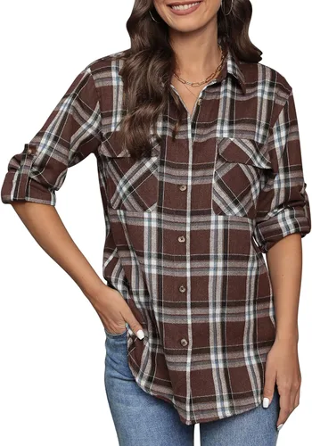 Miniatura 3 de siliteelon Camisas de franela a cuadros para mujer, de manga larga, con botones, de algodón, estilo novio, informal, con puños