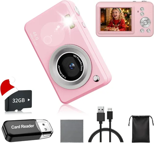 Miniatura 7 de Cámara digital, FHD 1080P Point and Shoot Cámara para niños, con tarjeta de 32 GB, zoom 16X antivibración, 48 MP compacto portátil pequeño