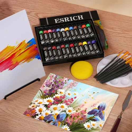 Miniatura 7 de ESRICH Juego de 40 piezas de pintura acrílica, kit de suministros de pintura artística con 24 pinturas, 2 paneles de lienzo, 10 pinceles, caballete