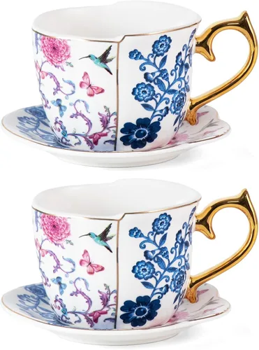 Miniatura 18 de KAMMAK - Juego de 2 tazas de té y platillos, tazas de café de porcelana, tazas de espresso apilables de 6.8 onzas, demitasses de cerámica para café