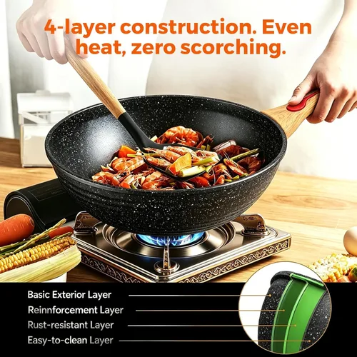 Miniatura 4 de ITSMILLERS Wok antiadherente de aluminio fundido a presión chino, resistente a los arañazos con tapa y espátula, sin PFOA, apto para lavavajillas