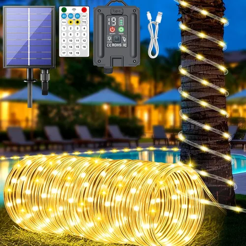 Miniatura 14 de Nuevas luces de cuerda solares mejoradas para exteriores, impermeables, 32m, 300 LED, luces de tira solares con control remoto, temporizador