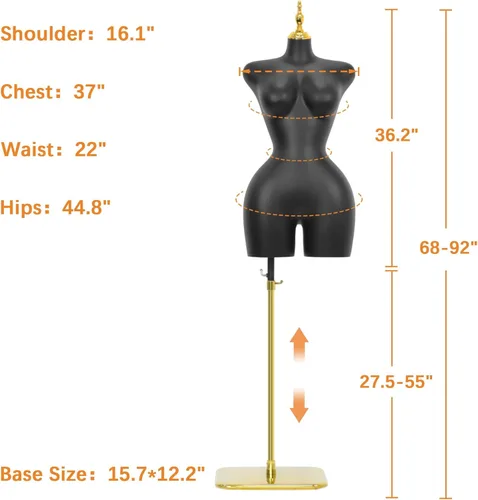 Miniatura 7 de Torso de maniquí BBL para mujer negra, 68 a 92 pulgadas de altura ajustable con base de soporte de metal, adecuado para exhibición de ropa y joyas