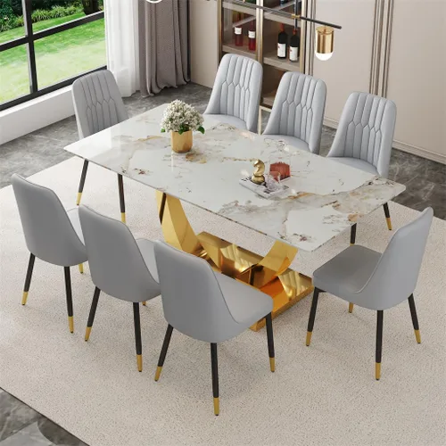 Miniatura 16 de Juego de mesa de comedor para 4, mesa de comedor de mármol sintético de 63 pulgadas con patas y base de acero inoxidable, sillas acolchadas