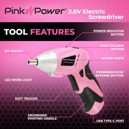 Miniatura 2 de Pink Power PP481, Juego de desarmador eléctrico inalámbrico de 4.8 voltios para mujeres con cargador y brocas