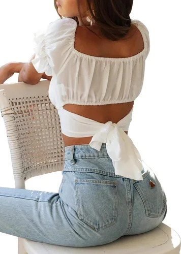 Miniatura 7 de LYANER - Blusa ombliguera para mujer de manga corta con volantes nudo en la espalda y hombros descubiertos blusa estilo Bardot