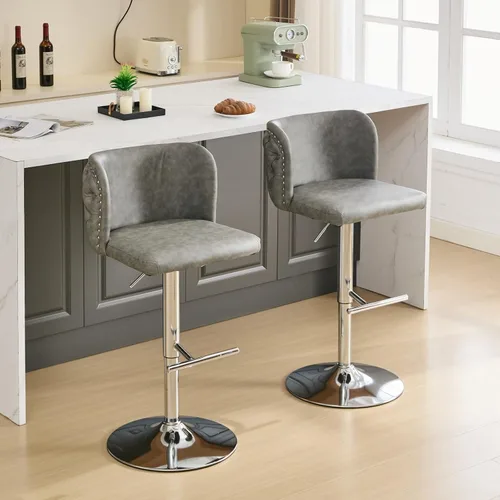 Miniatura 13 de Juego de 2 taburetes de bar de cuero, taburetes de bar giratorios de altura ajustable con botón trasero copetudo y patas de metal cromado dorado