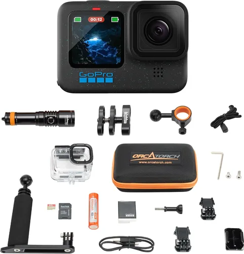 Kit de buceo GoPro HERO12, cámara de acción impermeable con video UHD 5.3K60, fotos HDR de 27MP - Paquete con carcasa protectora, paquete de luz de