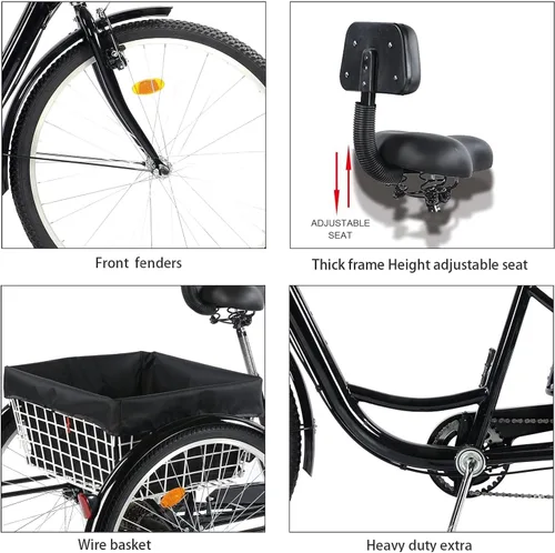 Miniatura 5 de Triciclo para adultos de 24/26 pulgadas, bicicleta de 7 velocidades y 3 ruedas para hombres y mujeres, triciclo de crucero con asiento ajustable