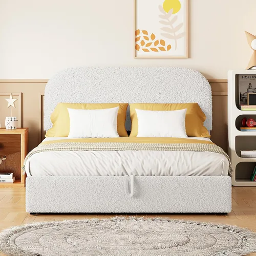 Miniatura 23 de Cama de Plataforma Tapizada con Forma Curva con Cabecera de Forma Curva, Marco de Cama de Madera Tamaño Full para Dormitorio de Niños y Adultos