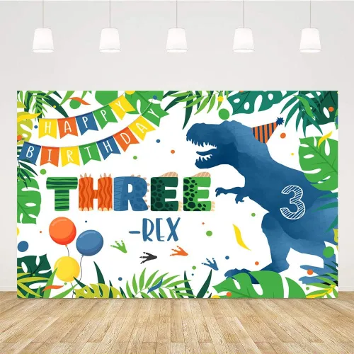 Telón de fondo de tercer cumpleaños de dinosaurio azul de 5 x 3 pies, dibujos animados de tres rex, hojas de palma verdes, fondo de fotografía para