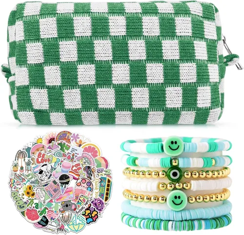 Miniatura 9 de Set de bolsa de maquillaje a cuadros Preppy con 7 pulseras Heishi y 50 pegatinas rosas, linda bolsa de viaje para cosméticos, regalos perfectos