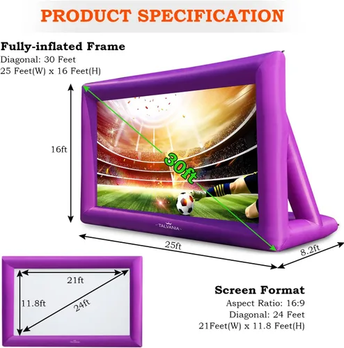 Miniatura 2 de Pantalla de proyector inflable de 30 pies para ver películas de TV en exteriores e interiores, pantalla enorme, soplador, amarres, estacas, bolsas