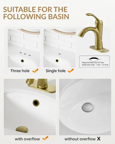 Miniatura 4 de Grifo de baño dorado, grifo de baño de un solo agujero, estilo vintage de granja con palanca de una sola manija para lavabo con drenaje desplegable