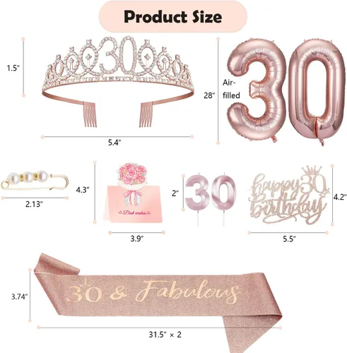 Miniatura 2 de Decoraciones de cumpleaños de 30 años para ella, banda y corona de cumpleaños de 30 años, adorno para pastel de cumpleaños y velas, tarjeta