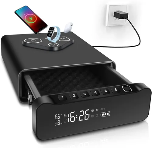 Caja fuerte biométrica para armas con huellas dactilares, caja fuerte para pistolas con reloj y carga inalámbrica para reloj y teléfono 3 en 1,