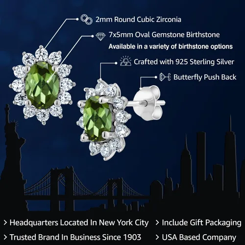 Miniatura 191 de Gem Stone King Aretes ovalados de plata de ley 925 de 0.276 x 0.197 in con piedra natal de la princesa Diana, estilo halo real para mujeres