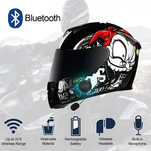 Miniatura 2 de Casco de motocicleta Bluetooth de cara completa, aprobado por DOT, abatible, antivaho, doble visera, altavoz dual integrado con micrófono
