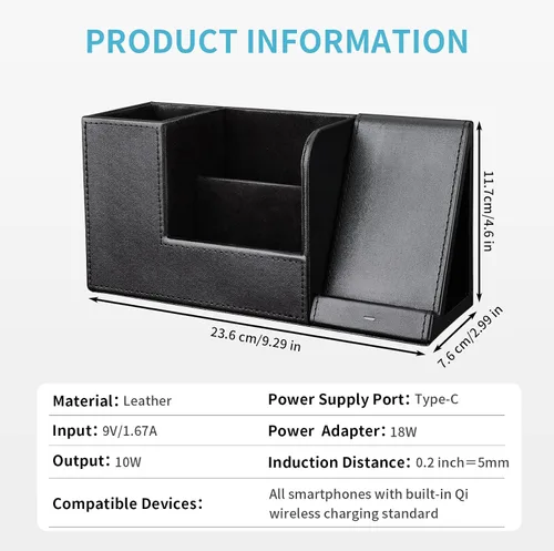 Miniatura 7 de KINGFOM Organizador de escritorio de cuero PU con soporte de estación de carga inalámbrica para iPhone 10W, soporte rectangular para caja