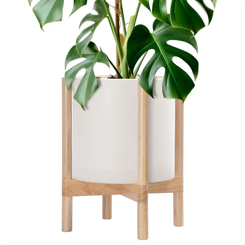 Miniatura 16 de Maceta de D'vine Dev con soporte - Maceta de flores de cilindro de plástico de 8.0 pulgadas con soporte de madera para interiores, maceta mate negra