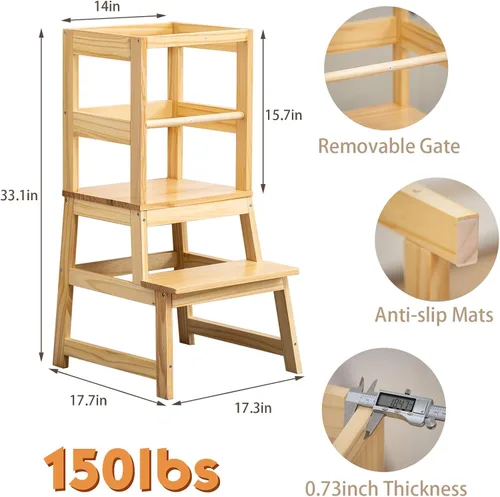 Miniatura 5 de Taburete de cocina para niños pequeños con alfombrilla antideslizante, Taburete de aprendizaje Montessori de madera para niños de Wood City, Torre