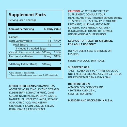 Miniatura 2 de Amazon Elements Complejo de saúco, apoyo al sistema inmunológico, 60 pastillas con sabor a bayas, saúco 100 mg, vitamina C 103 mg, zinc 12 mg por