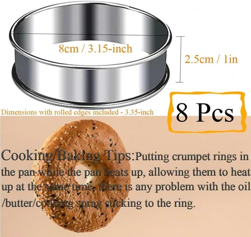 Miniatura 2 de 8 anillos ingleses para magdalenas, anillos de 3.15 pulgadas, acero inoxidable, doble enrollado, antiadherente, de metal, redondo, molde