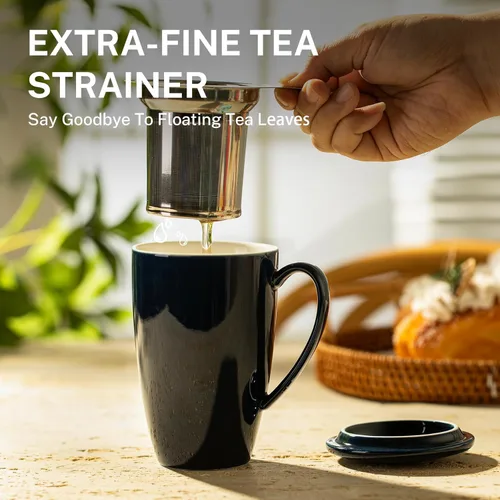 Miniatura 4 de Sweese Taza de té de cerámica de 15oz con infusor y tapa, apta para microondas y lavavajillas, infusor de té de hojas sueltas extra fino, asa Azul