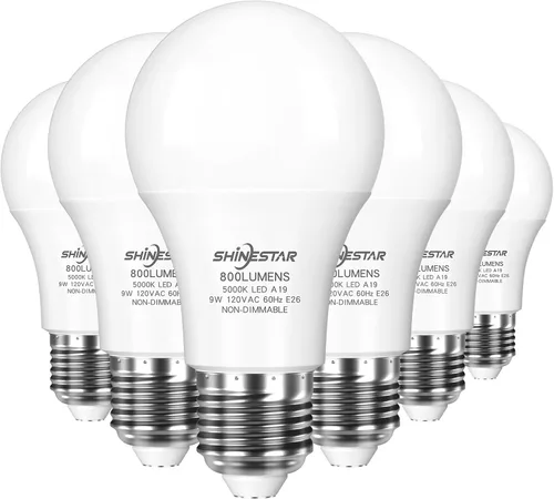 SHINESTAR Bombilla LED de base E26 de 5000 K, 800 lúmenes, equivalente a 60 W, bombilla LED blanca A19 de 9 W, 80+CRI, bombillas de luz diurna para