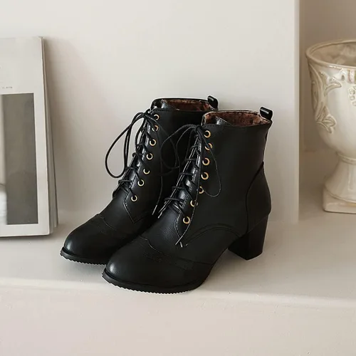 Miniatura 4 de VOKLIN Botines de tacón medio grueso para mujer, con puntera redonda, con cordones, estilo Oxford occidental, con cordones