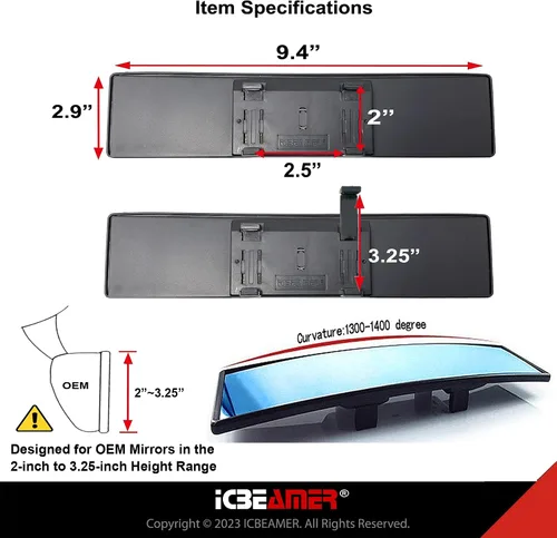Miniatura 6 de Espejo retrovisor ICBEAMER de 9.4 pulgadas con clip Tinte azul convexo, vidrio panorámico de gran angular HD, antirreflejo, ajuste universal