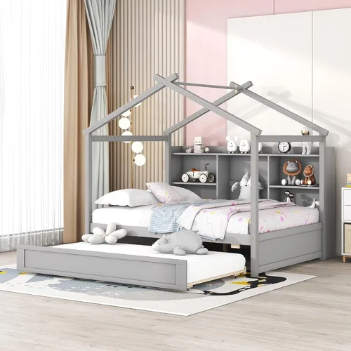 Quarte Cama moderna de tamaño matrimonial con estantes de almacenamiento y cama nido de tamaño individual, sofá cama de madera para niños y niñas,