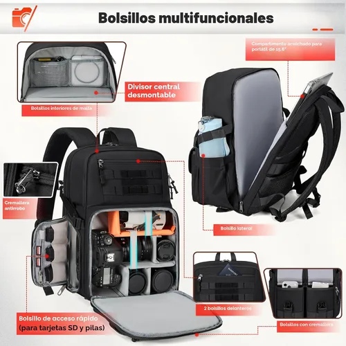 Miniatura 2 de RAINSMORE Mochila para cámara DSLR/SLR/SLR/sin espejo, para fotógrafos, 15.6 pulgadas, impermeable, funda táctica para fotografía con cubierta