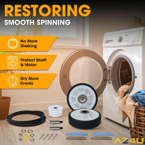 Miniatura 7 de Kit de reparación de secador AZ4U Rodillos del tambor 12001541 303373K W10116741 303373, Correa 33002535 WP33002535 33001777, Polea tensora