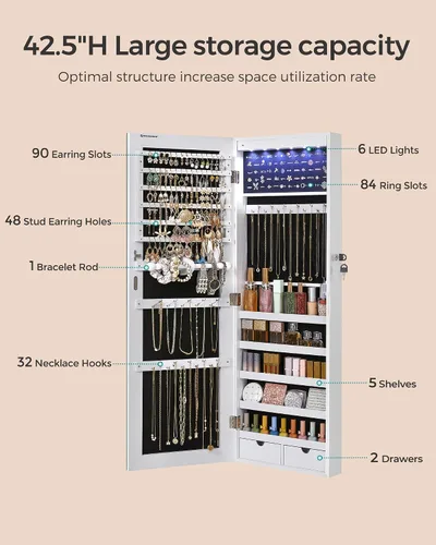 Miniatura 4 de SONGMICS Gabinete colgante de joyería, gabinete de pared con luces interiores LED, organizador de joyas montado en la puerta, espejo de cuerpo Blanco