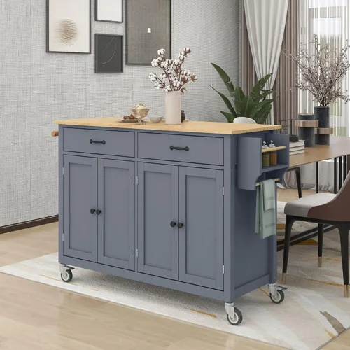 LUMISOL Carrito móvil de isla de cocina con gabinete sobre ruedas, carrito rodante con tapa de madera de caucho, cajones, toallero y estante para