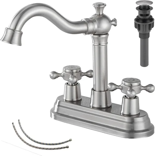 Miniatura 19 de Grifo de baño negro mate con 2 asas de 4 pulgadas, juego central de tocador de baño negro con montaje de drenaje y manguera de suministro grifo