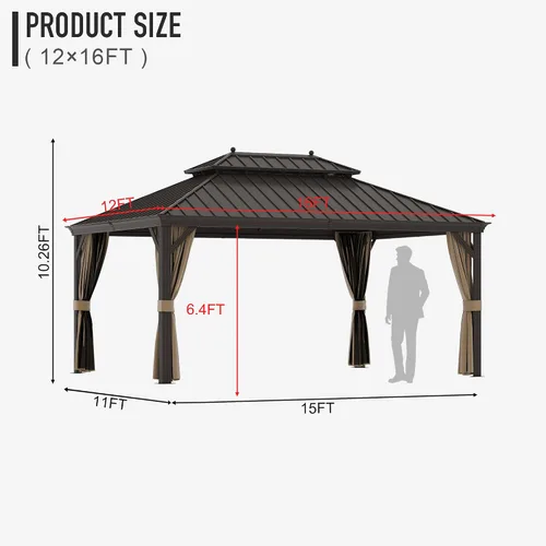Miniatura 7 de Cenador de techo rígido de 12'x16', Cenador de patio de aluminio para exteriores con toldo de acero galvanizado de doble techo con malla y cortinas