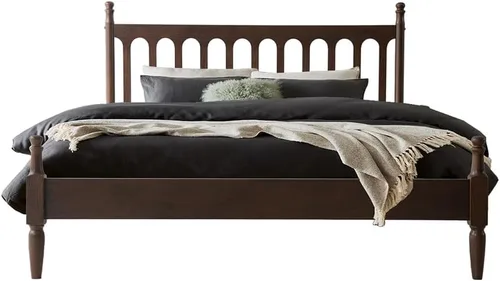 Miniatura 14 de Marco de cama de plataforma de madera maciza tamaño King con cabecero y pie de cama, base de 12 listones resistentes, patas de metal, no necesita